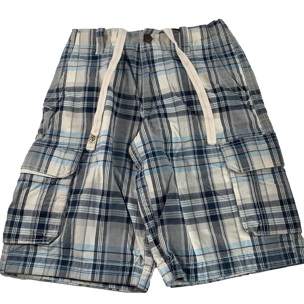 Aeropostale Mens Cargo Shorts Size 29 Blue Gray Plaid Casual Cotton Pockets
